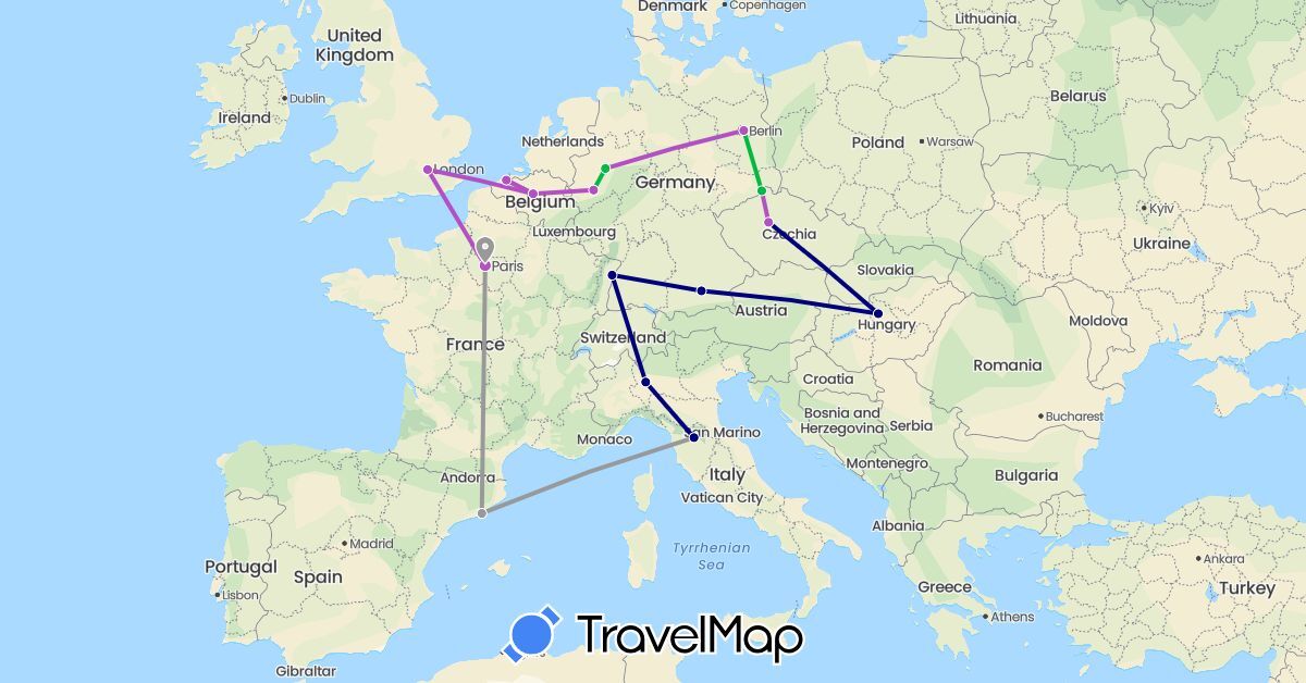 TravelMap itinerary: driving, bus, plane, train in Belgium, Czech Republic, Germany, Spain, France, United Kingdom, Hungary, Italy (Europe)